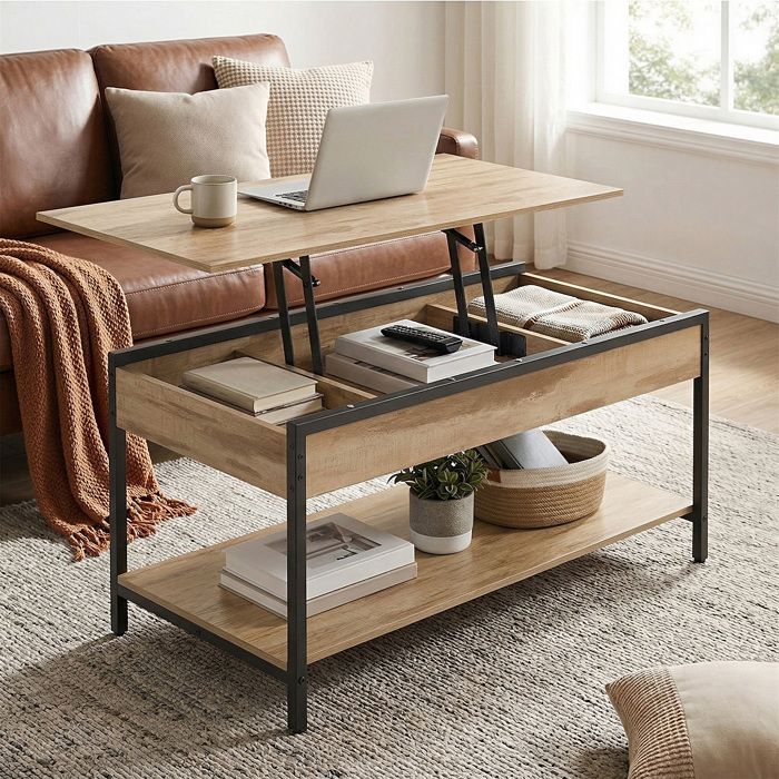 Tavolino da caffè con piano sollevabile, vani portaoggetti nascosti e a vista, mobile per soggiorno, 100 x 50 cm, marrone cammello e nero