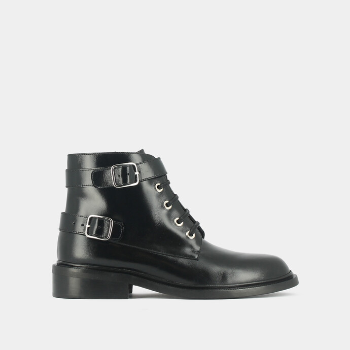 Boots à lacets et boucles argentées  en cuir noir