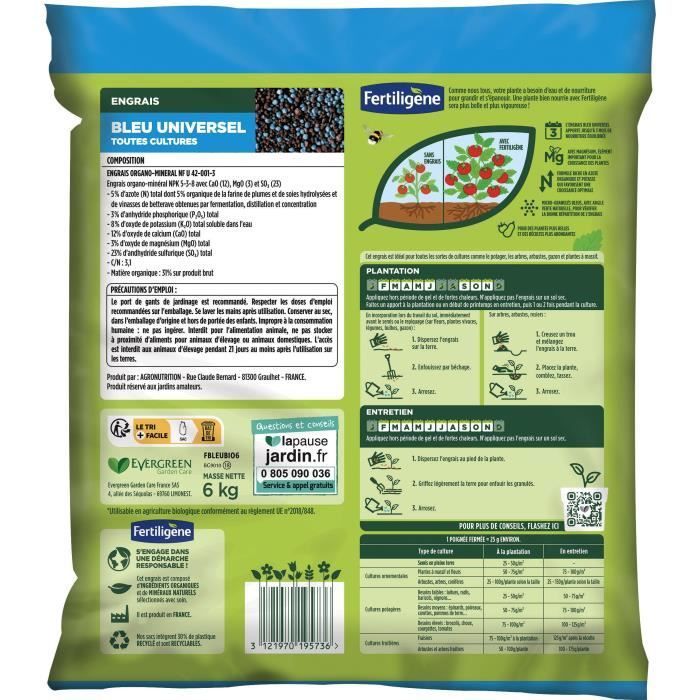 FERTILIGENE FBLEUBIO6 - Fertilizante Azul Universal 6 kg - Floración y cosechas abundantes - Nutre hasta por 3 meses - Para 240 m²