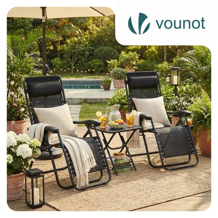 VOUNOT® Lot de 2 Chaise longue inclinable avec table pliable en Textilène avec support de gobelet - charge Max 120kg - Noir