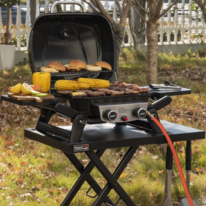 Royal Gourmet draagbare gasbarbecue met afneembare wagen - 2 branders, 5 kW vermogen, kookoppervlak 48 x 37 cm