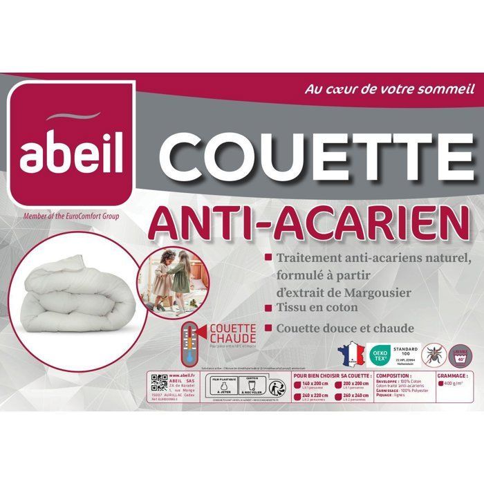 Piumino antiacaro - 220 x 240 cm - Caldo - 400 g/m² - 2 persone - Bianco - ABEIL