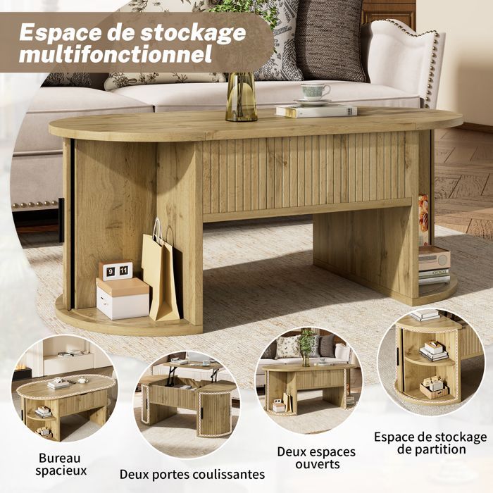 Mesa de centro oval com tampo elevável, 2 portas de correr e acabamento amadeirado (100 x 50 x 40,5 cm).