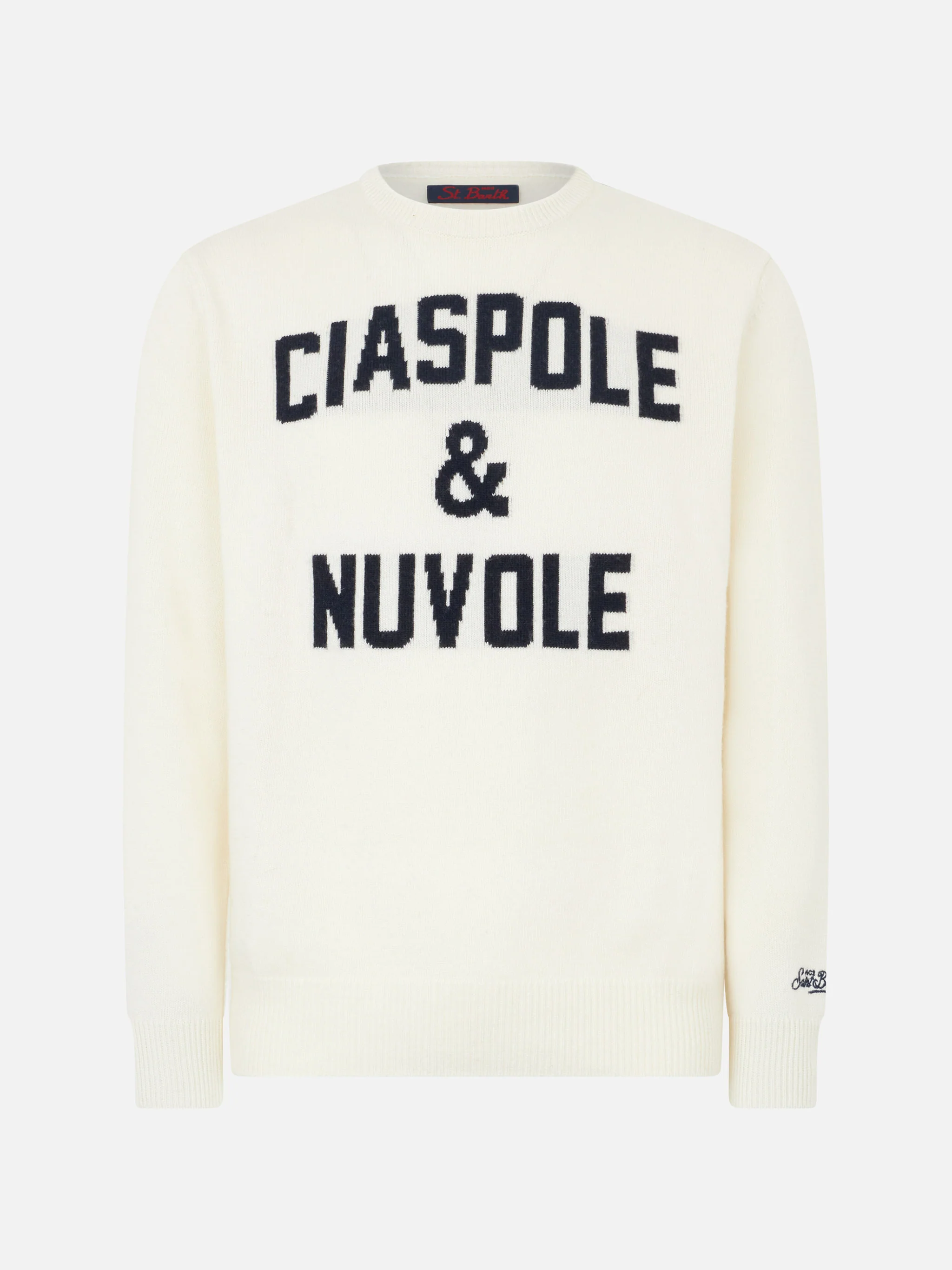 Jersey de hombre con estampado de raquetas de nieve y nubes.