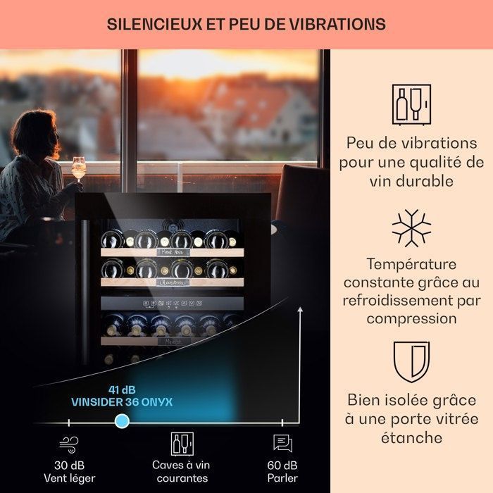 Cave à vin - Klarstein Vinsider 36 Onyx Edition - 2 zones réfrigérées - 5-22 °C 85 L - acier inoxydable - 36 bouteilles - Argent