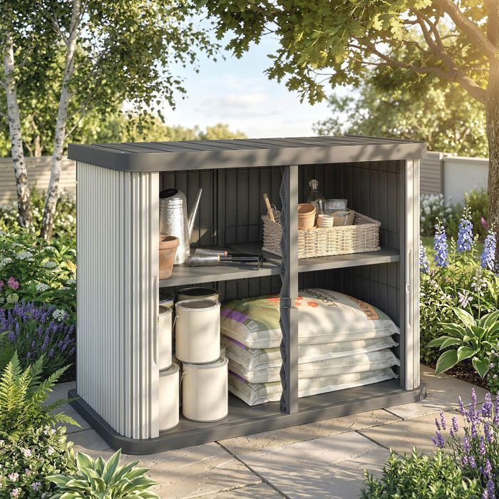 Coffre de rangement extérieur - Outsunny - 2 niveaux avec portes coulissantes résistant aux uv - pp - 480l - marron clair