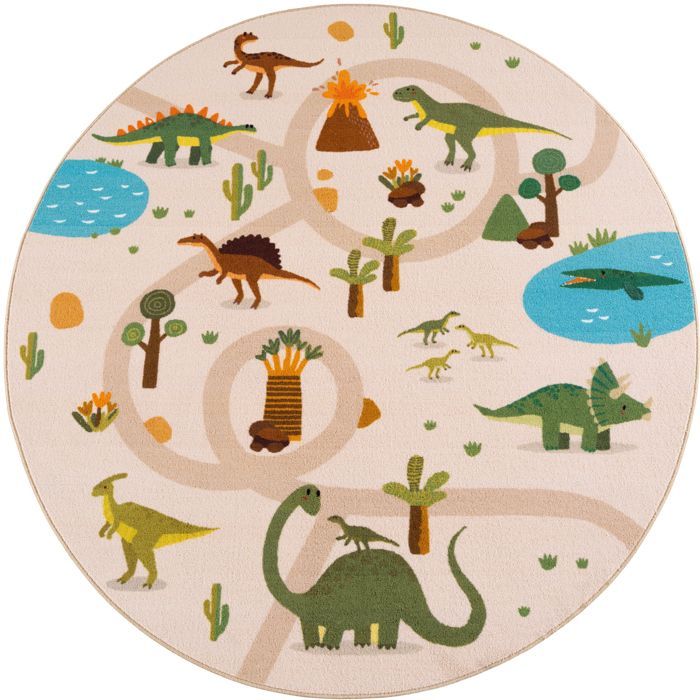 Carpetsale24 Tapis Enfant 160 cm Rond Dinosaures Beige Motif Dino Tapis de Jeu Chambre Enfant ideal surface de jeu antiderapant