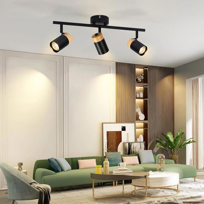 Homefire Plafonnier 3 GU10 Spot Bois - Vintage Noir Spot de plafond Orientable 330° Spot pour salon cuisine hall