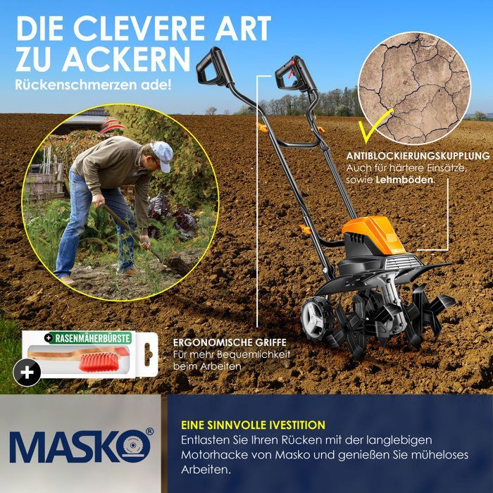 Motocultor eléctrico - MASKO - 1500 vatios - 40 cm de ancho de trabajo - 20 cm de profundidad de trabajo - 6 púas