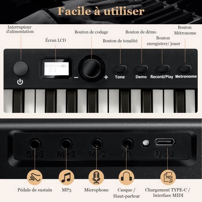 Teclado musical electrónico plegable COSTWAY de 88 teclas - Bluetooth con aplicación - Función de división de teclado - Pantalla LCD - 2 altavoces - Batería - Negro