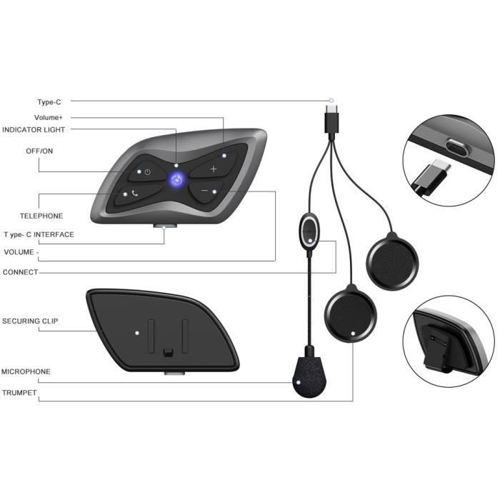 Paquete de 2 intercomunicadores Bluetooth para motocicleta - Intercomunicador inalámbrico para casco de motocicleta - Resistente al agua hasta 1500 m (IP65) - Control de llamadas