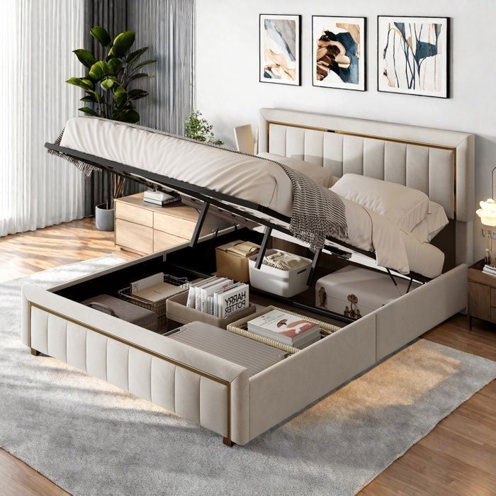 Cama de 140x200 cm con somier de láminas y espacio de almacenamiento. Estructura de cama para 2 personas, tapizada, con palanca hidráulica, terciopelo, color beige.