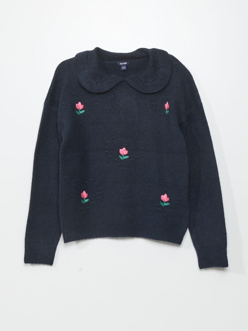 Trui met patroon en claudinekraag - blauw