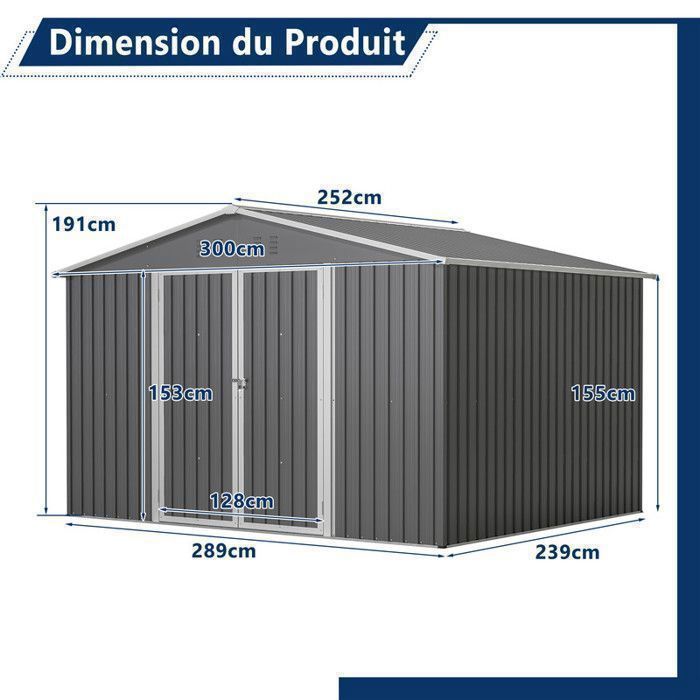 Thanaddo Metall-Gartenhaus, 14,4 m³, 300 x 252 x 191 cm, inklusive Verankerungsset, 2 Flügeltüren – Grau