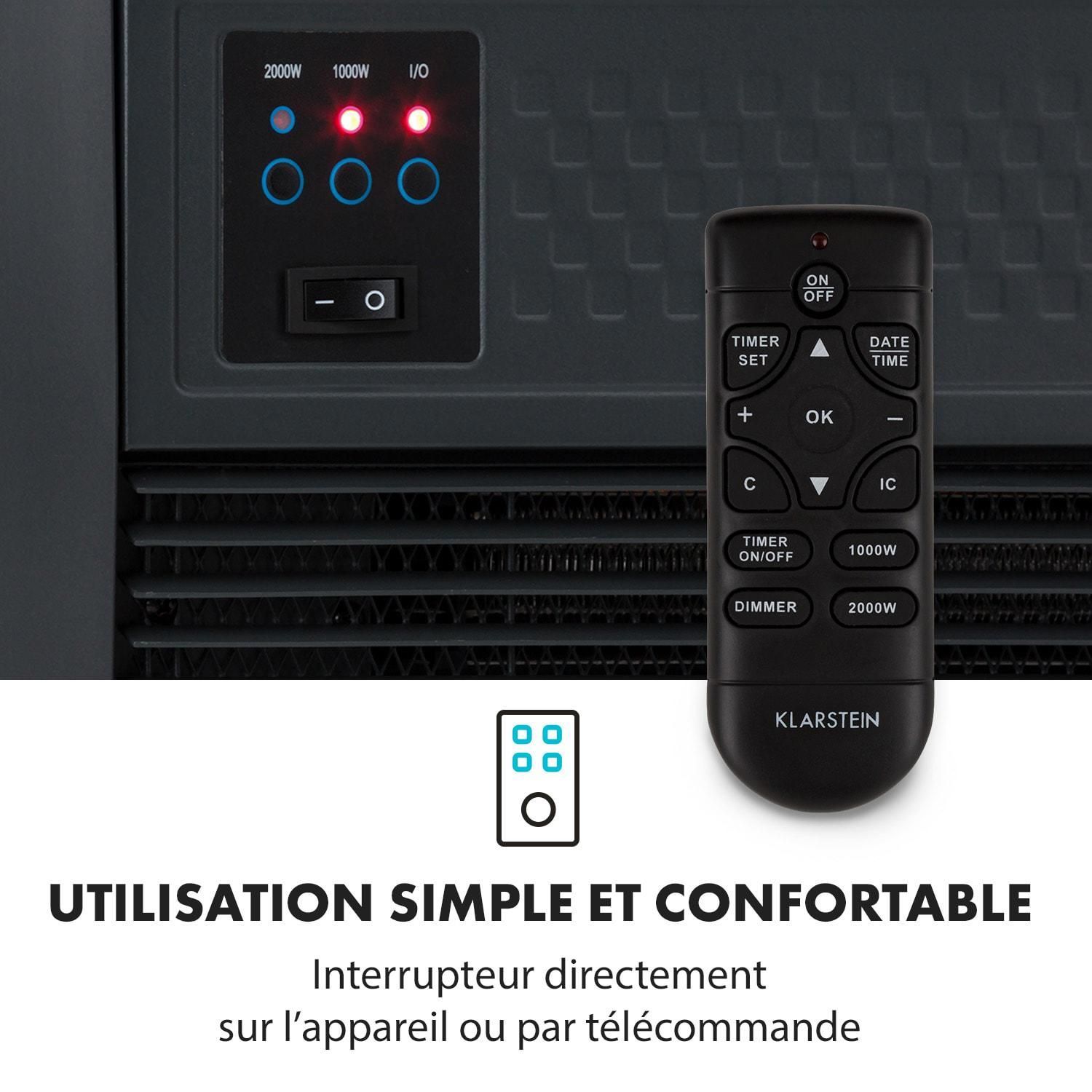 Caminetto elettrico Klarstein Chamonix con termoventilatore, 2000W, per ambienti fino a 40 m², con timer settimanale e telecomando - Bianco