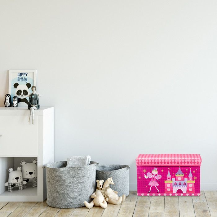 Baúl de juguetes Relaxdays con taburete y tapa, otomana plegable de princesa para niños, 50 L, rosa.