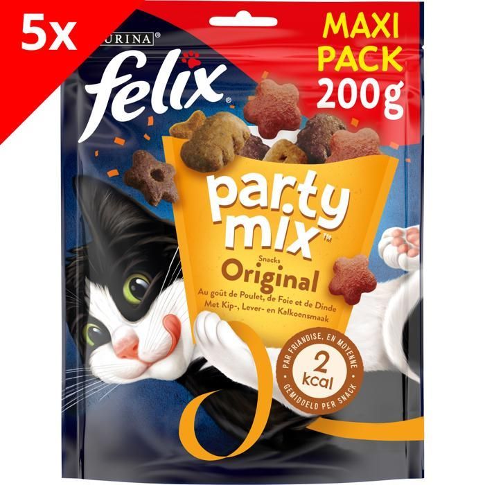 FELIX Party Mix Original: Frango, Fígado, Peru - 5 x 200g - Petiscos para Gatos