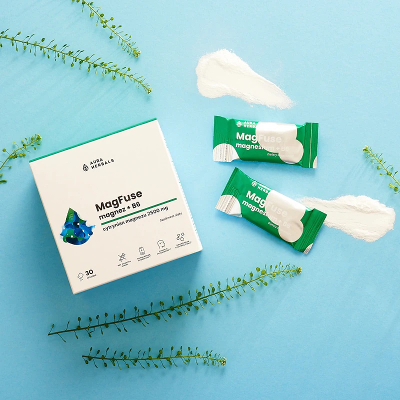 Aura Herbals MagFuse + B6 uztura bagātinātāju paciņas nervu sistēmas pareizai darbībai