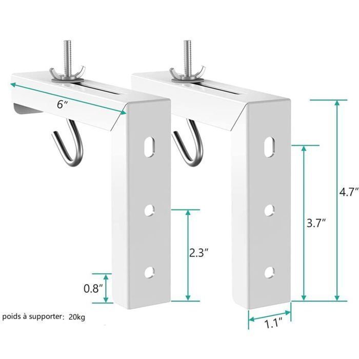 1 soporte en forma de L, de acero, con extensión ajustable y gancho, para pantalla de proyección de pared o techo.