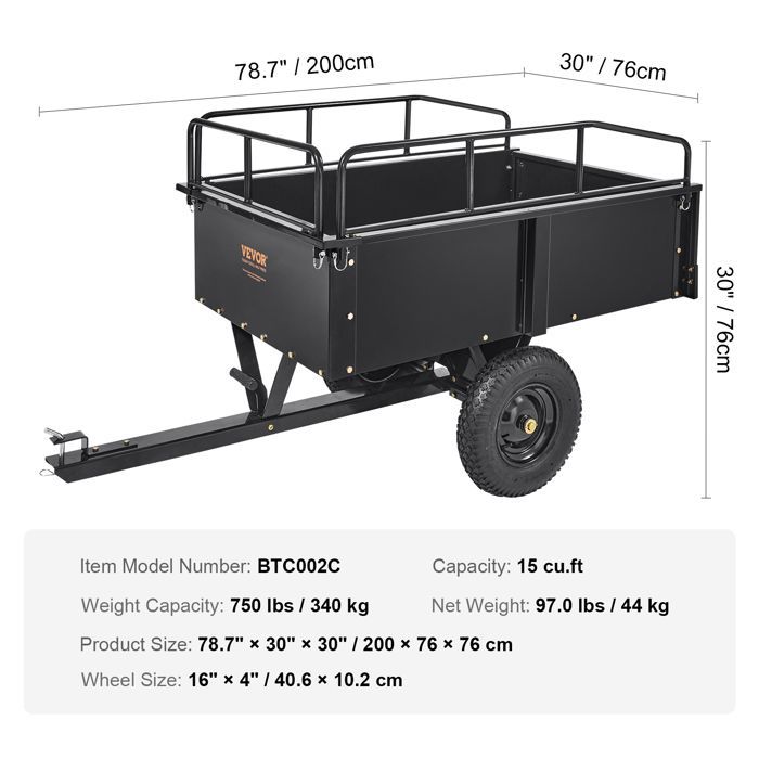 Remolque basculante VEVOR - Capacidad de carga de 340 kg - Remolque utilitario de jardín de alta resistencia - para tractor, cortacésped