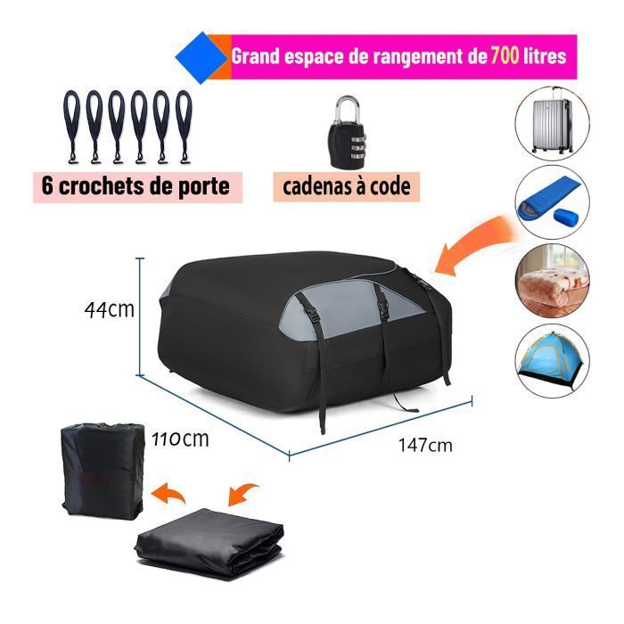 Sac de Toit Voiture - 700L/25 Pieds Cubes - Coffre de Toit Souple Imperméable pour Tous Véhicules avec/sans Barres de Toit -Cadenas
