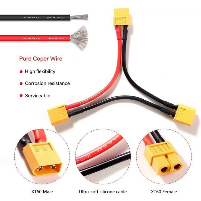 Set mit 2 XT60 Serie 2 Lipo-Adapterkabeln – Spannungsverstärkung – Stecker/Buchse – Für RC-Dynamikmodellierung