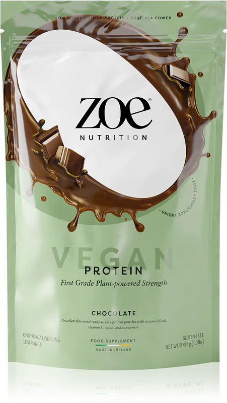 Suplemento alimentar ZOE Vegan Protein, proteína vegana com vitamina C.