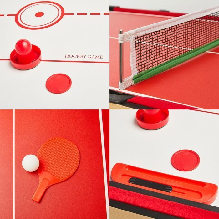 Tavolo da gioco multifunzione 4 in 1 KANGUI: calcio balilla con aste telescopiche, biliardo, ping pong e hockey.