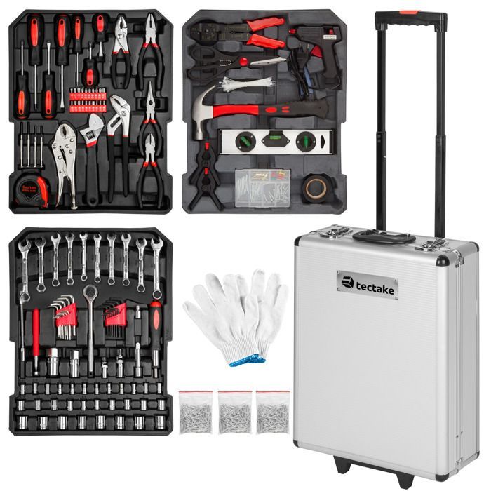 Outillage - TECTAKE - Caisse à outils de 799 pièces ALFONS avec poignée pliante et télescopique, gants inclus - Noir