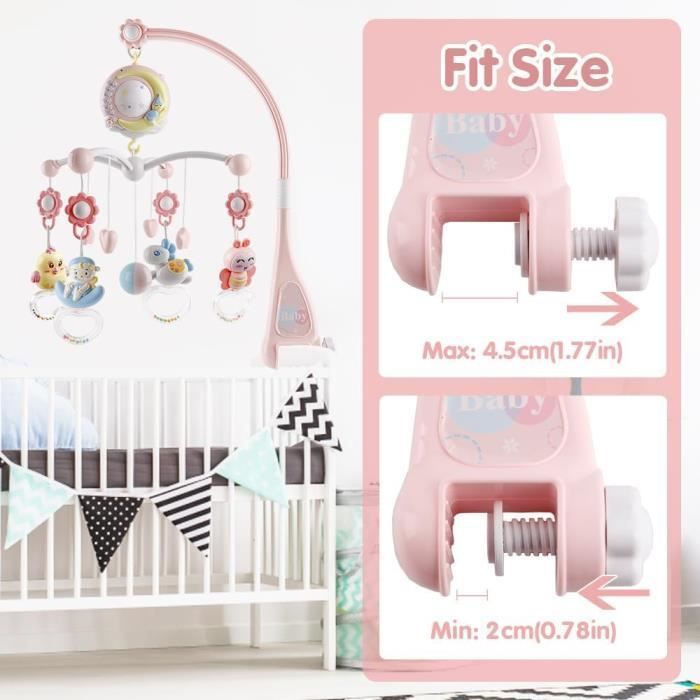 Móbile musical com controle remoto para berço de bebê com projeção de luz, música e brinquedos giratórios - Rosa