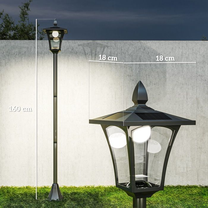 Outdoor lighting - HOMCOM - solar-powered floor lamp, classic LED lantern, 40 lm - plastic - 18x18x160cm - black