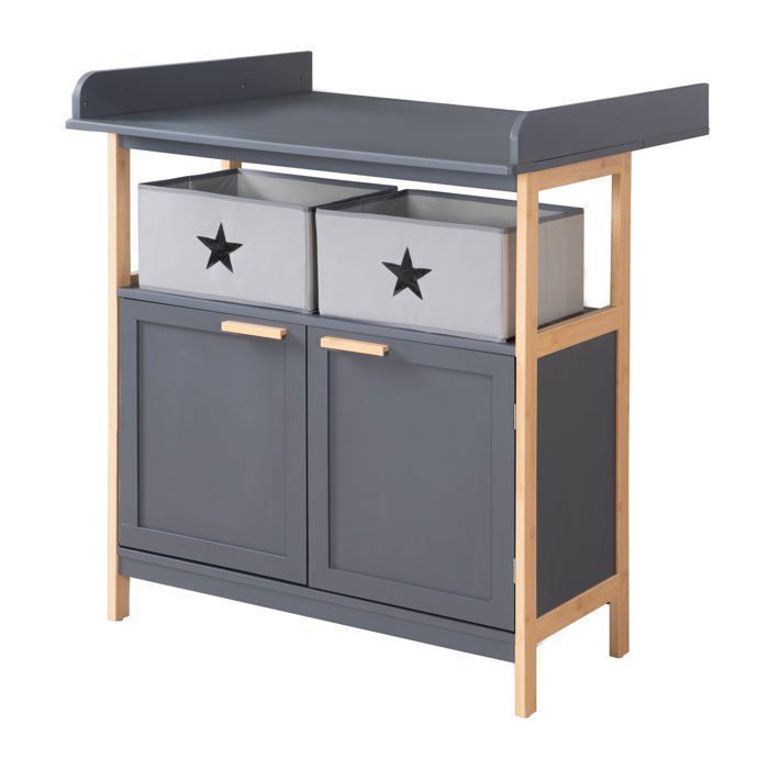 Commode à Langer ROBA - Berlin - 2 Portes + 2 Boîtes de Rangement en Tissu - Meuble à Langer Évolutif - Anthracite - Bambou