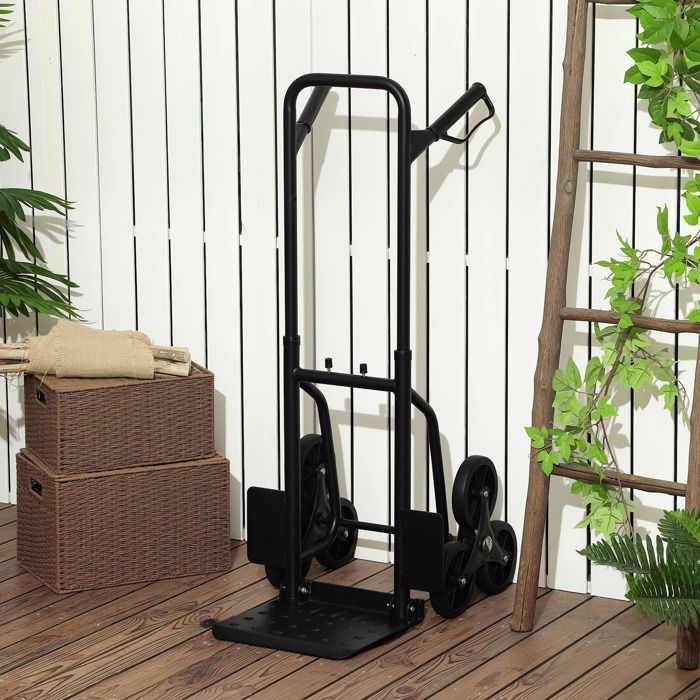 Treppensteiger-Sackkarre – DURHAND – faltbar – 120 kg – 6 Räder – Teleskopseile – Stahlrahmen – 44 x 38 x 106,5 cm – schwarz