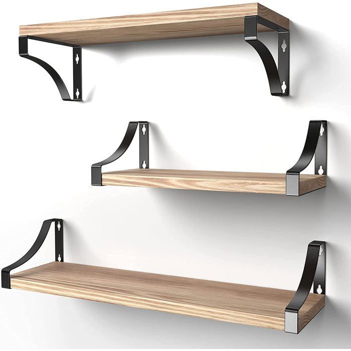Set van 3 wandplanken van hout en metaal, maximaal 20 kg, voor woonkamer, slaapkamer, kantoor, badkamer of keuken.