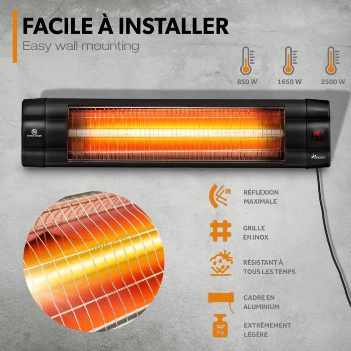 Calefactor infrarrojo exterior TRESKO de 2500 W | Calefactor radiante para patio | Montaje en pared | Control remoto | 3 niveles | Para interiores y exteriores