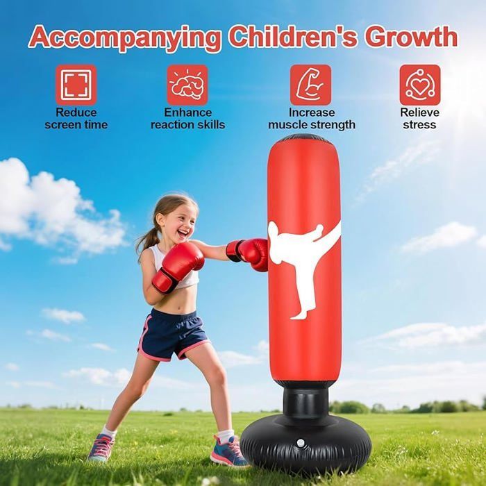 Saco de boxeo infantil de 160 cm, con guantes y bomba de inflado, ideal para niños, taekwondo y karate, de 3 a 12 años, color rojo.