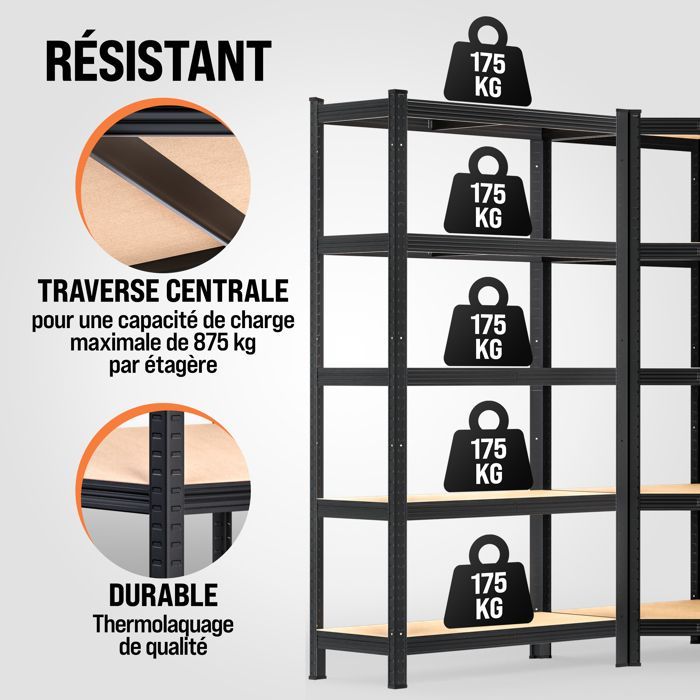 MONZANA® Juego de 3 estanterías de alta resistencia, 5 niveles, color negro, estantería metálica modular, capacidad de 2625 kg, estantería de esquina para garaje o taller.
