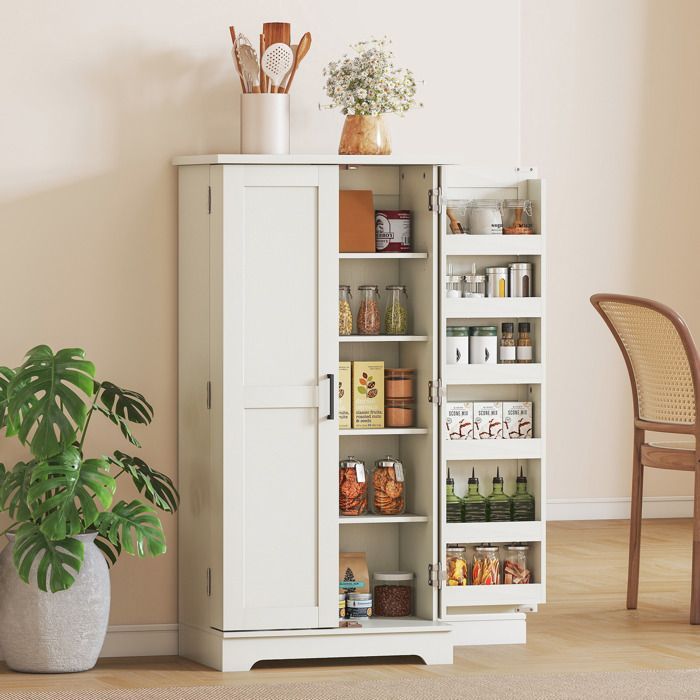 Buffet cuisine - HOMCOM - 5 niveaux avec portes et étagères réglables - 60 x 40 x 120 cm - grain de bois - crème