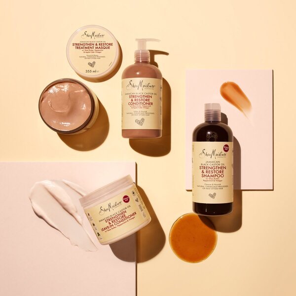 „SheaMoisture“ stiprinamasis ir atkuriamasis nenuplaunamas kondicionierius su jamaikietišku juoduoju ricinos aliejumi, 431 ml