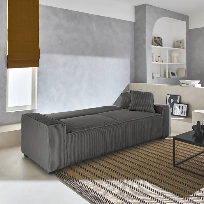 Sofá convertible de 3 plazas en pana gris oscuro, 231 cm de ancho x 96,5 cm de profundidad x 80 cm de alto.