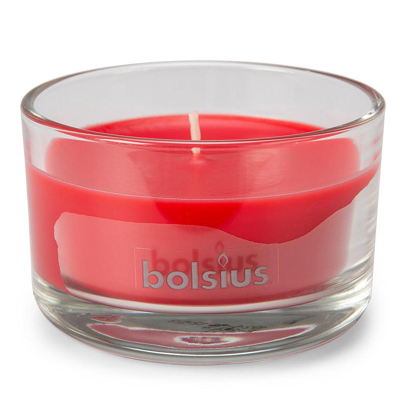 Vela aromática Bolsius en vaso de cristal de 5x8 cm con aroma a granada.