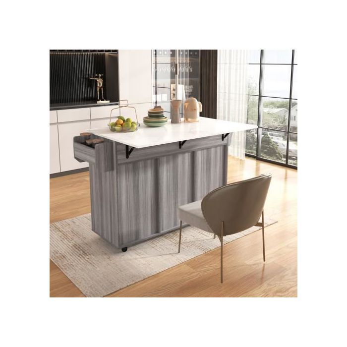 Multifunctional wooden kitchen trolley with rolling storage and worktop - with drawer - W139 x D46(71) x H91.5 cm - Grey