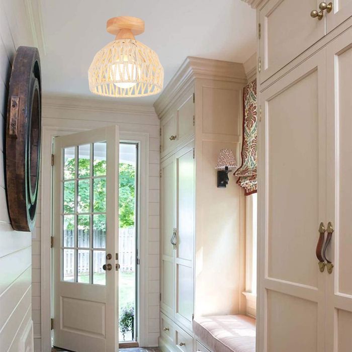 IDEGU Plafonnier Industriel Lampe de Plafond Vintage en Cage Lustre Ajustable en Bois Rotin Blanc Style Rural pour Salon Chambre