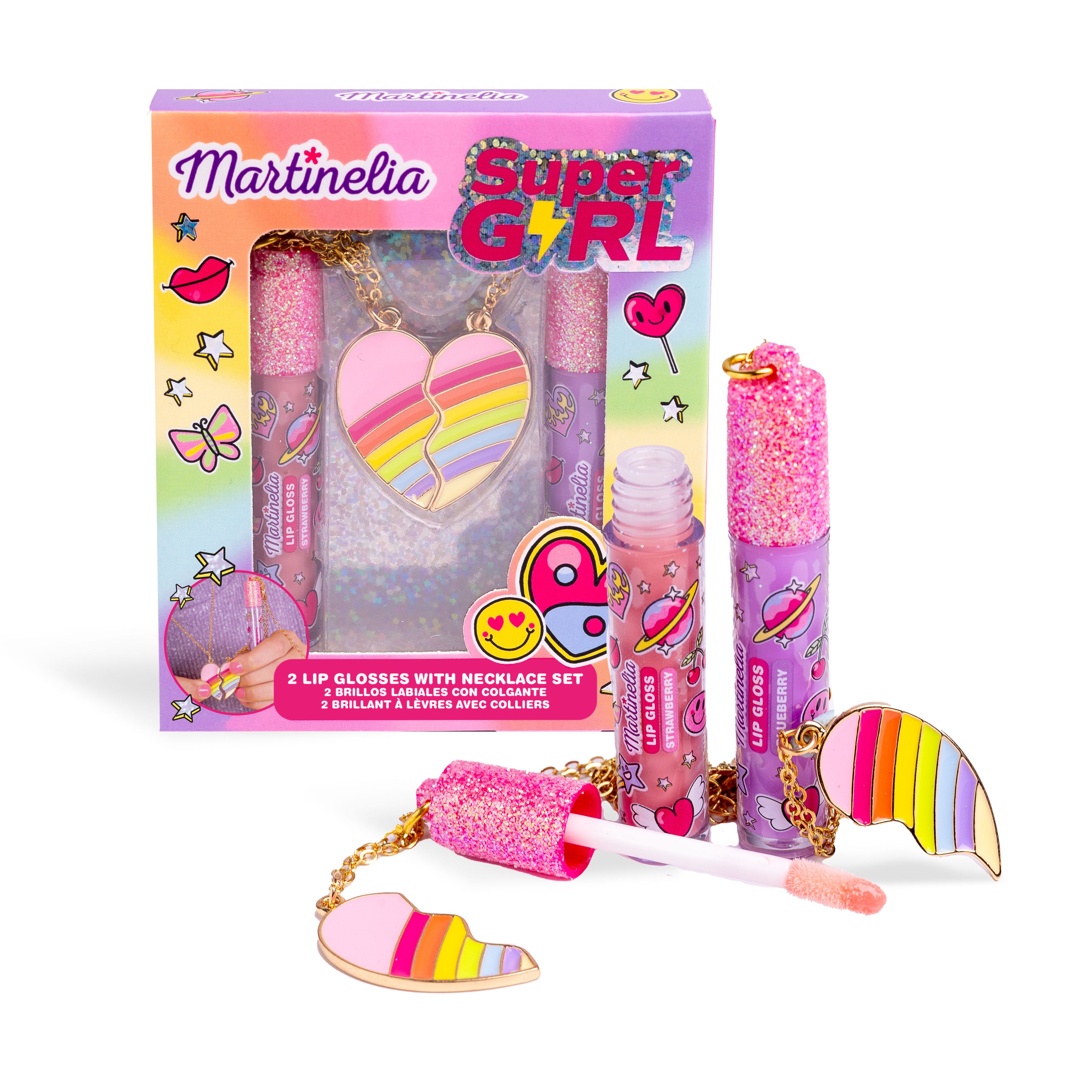Super Girl 2 sjajila za usne i set ogrlica Maquillaje infantil
