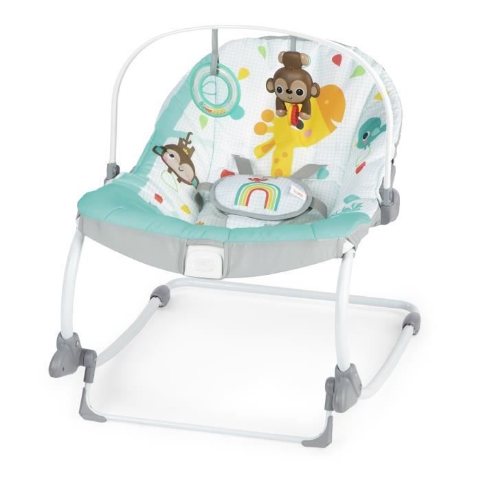 BRIGHT STARTS Rainbow Convertible Baby Bouncer, Blue, Soothing Vibrations, 2 Recline Positions, 0M + up to 18 kg