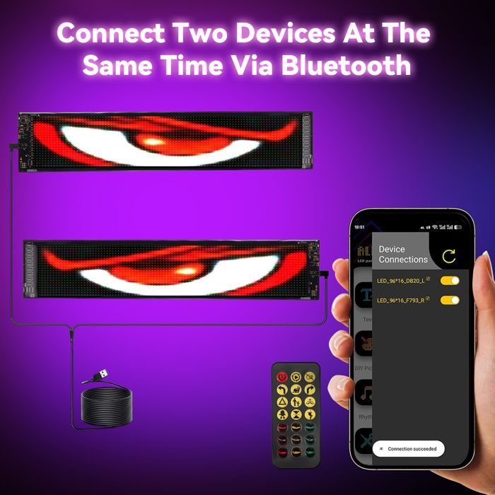 Occhi di diavolo in 2 pezzi per auto, occhi a LED per camion 12 x 59,5 cm, schermo morbido, scrittura luminosa programmabile, Bluetooth USB 5V