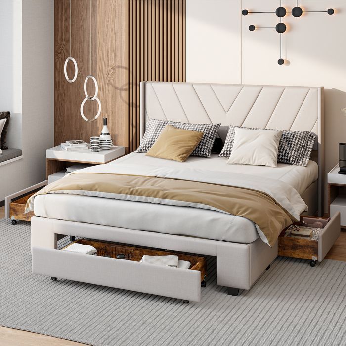 Letto matrimoniale 160 x 200 cm con rete a doghe, letto imbottito con 3 cassetti, tessuto di lino, beige