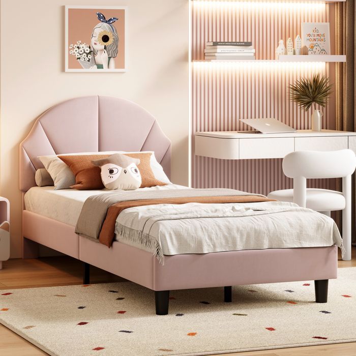 Lit fille 90x200cm, lit enfant, lit simple rembourré, tête de lit réglable en hauteur, cadre de lit avec sommier, velours rose
