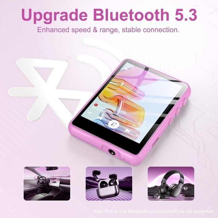 Reproductor MP3 de 128 GB con pantalla táctil Bluetooth de 5,3 a 2,4 pulgadas, sonido Hi-Fi, altavoz integrado, función de grabación y radio FM.