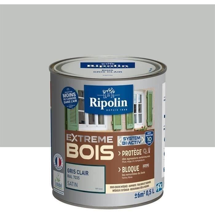 RIPOLIN Peinture Bois Satin Haute Protection 10 ans qui Protège et Magnifie vos Bois - Gris clair